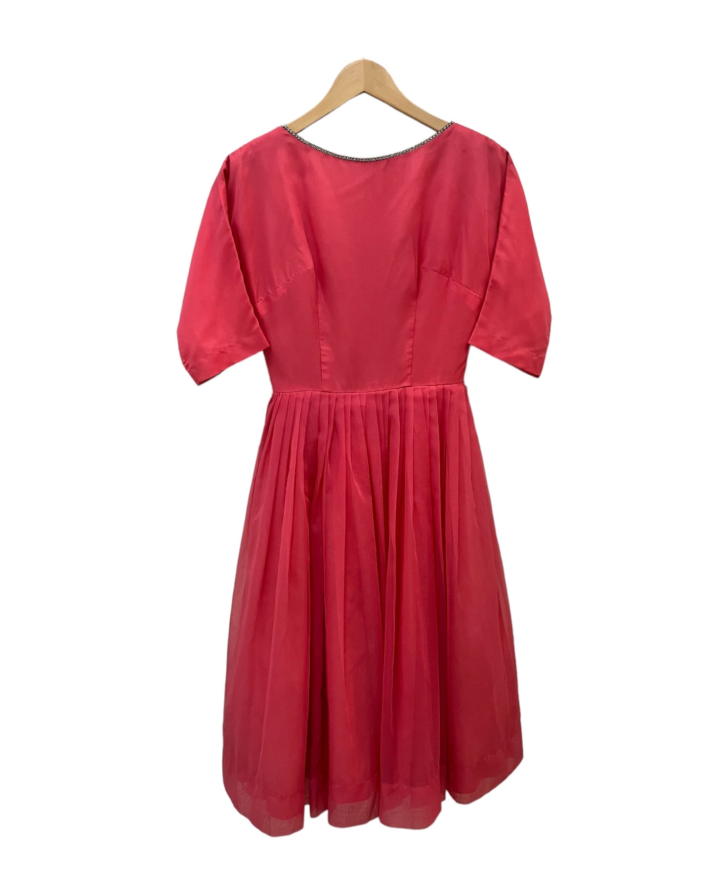 1960s Hot Pink Chiffon Dress with Rhinestone Collar