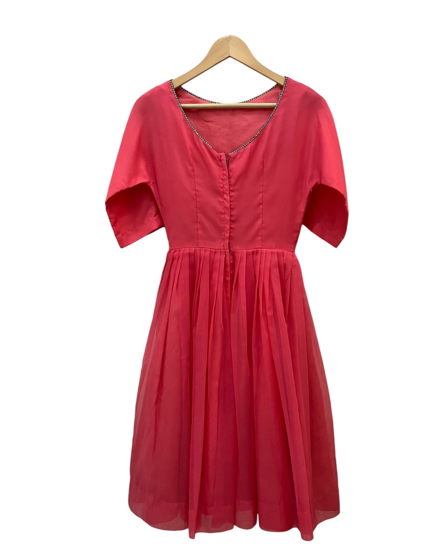 1960s Hot Pink Chiffon Dress with Rhinestone Collar